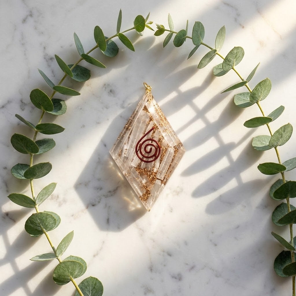 orgoniet hanger met seleniet op een marmeren ondergrond met wat eucalyptus rond