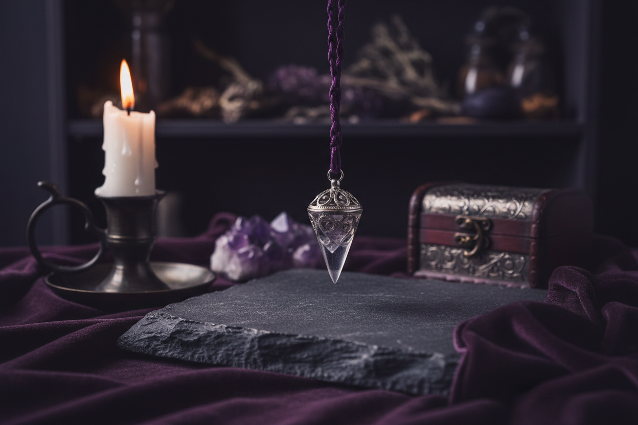 Rustige, mystieke setting met een kristallen pendel boven een donkere steen, verlicht door kaarslicht in diepe paarstinten, symbool voor intuïtie en innerlijke afstemming