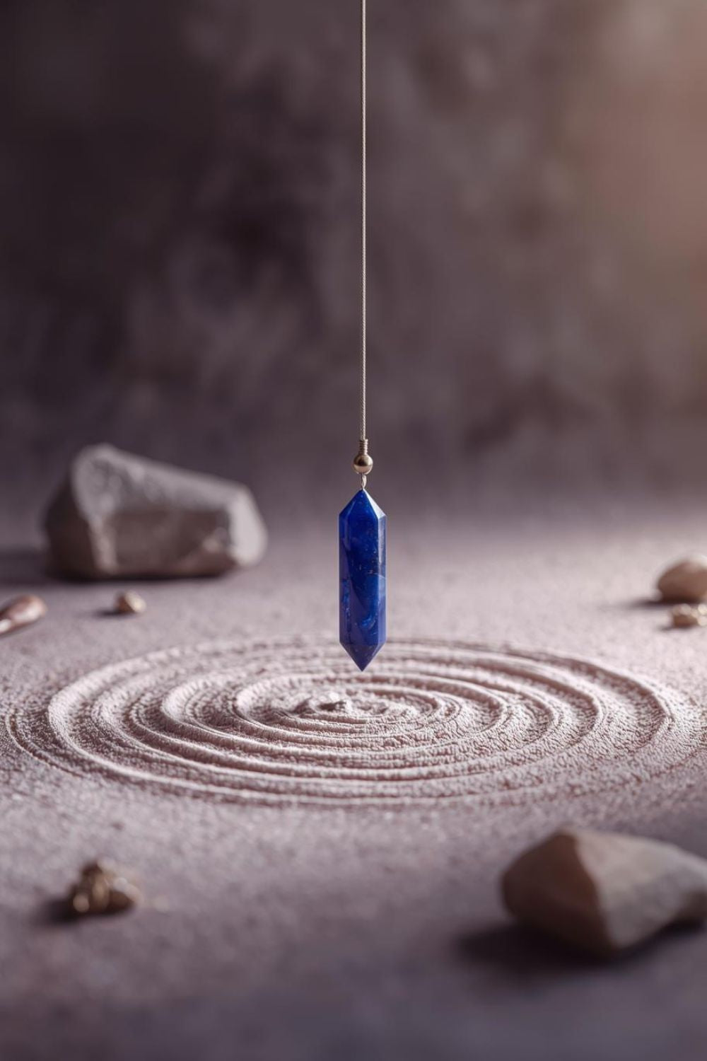 Blauwe kristallen pendel boven concentrische cirkels in zand, beeld dat het proces van pendelen, innerlijke afstemming en intuïtieve beweging symboliseert