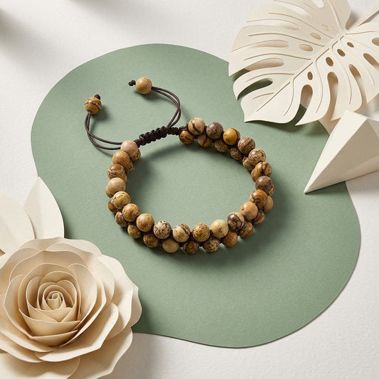 verstelbare picturen jaspis armband op groene ondergrond met beige bloemknutsels