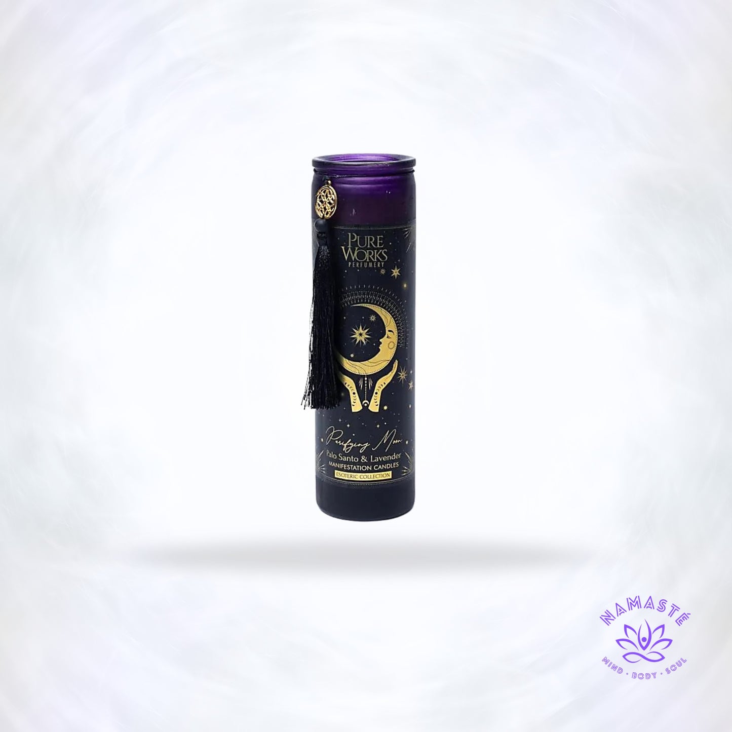 Manifestatiekaars Purifying Moon – handgegoten glazen kaars met Palo Santo en lavendel, geïnspireerd door de maanenergie voor zuivering en innerlijke rust.