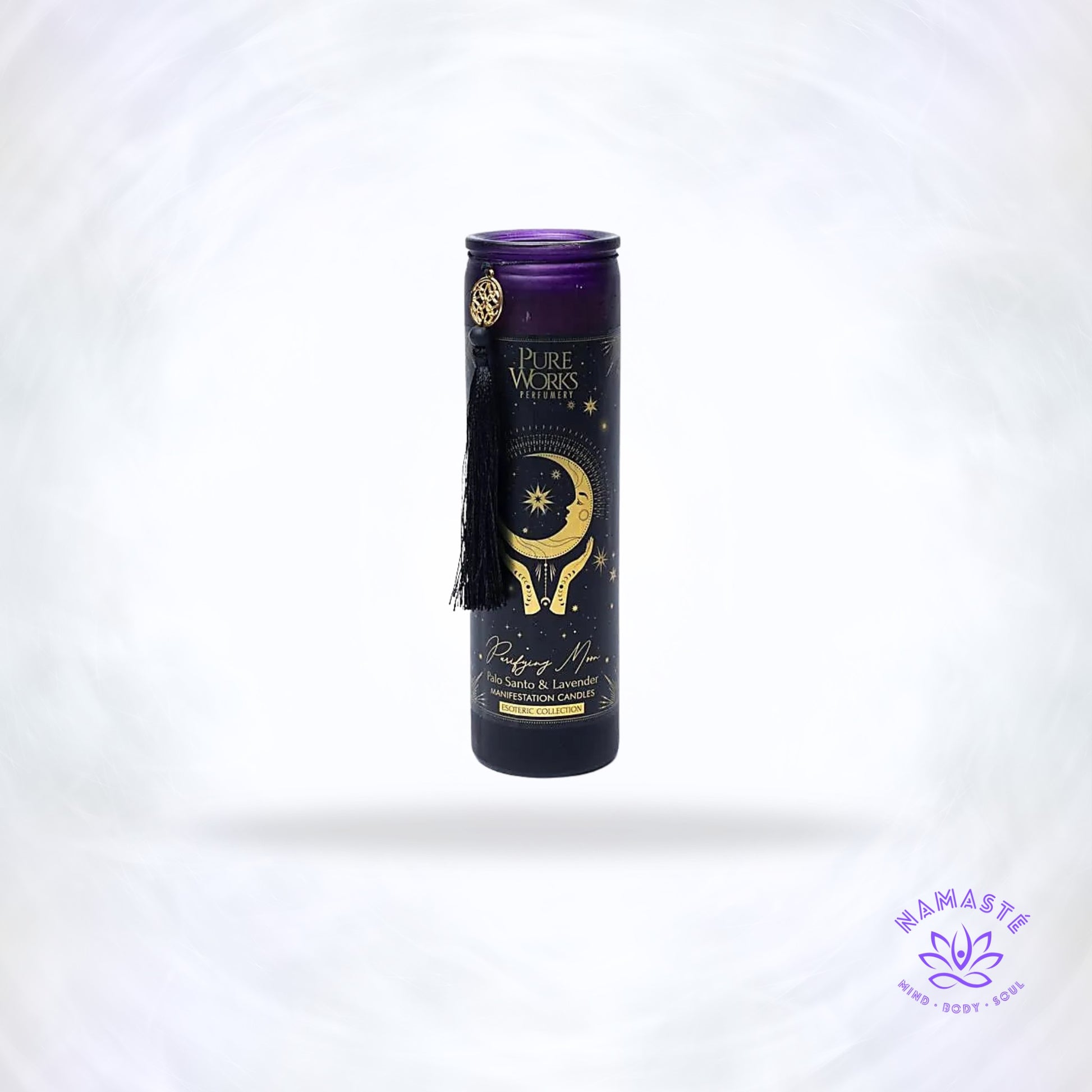 Manifestatiekaars Purifying Moon – handgegoten glazen kaars met Palo Santo en lavendel, geïnspireerd door de maanenergie voor zuivering en innerlijke rust.
