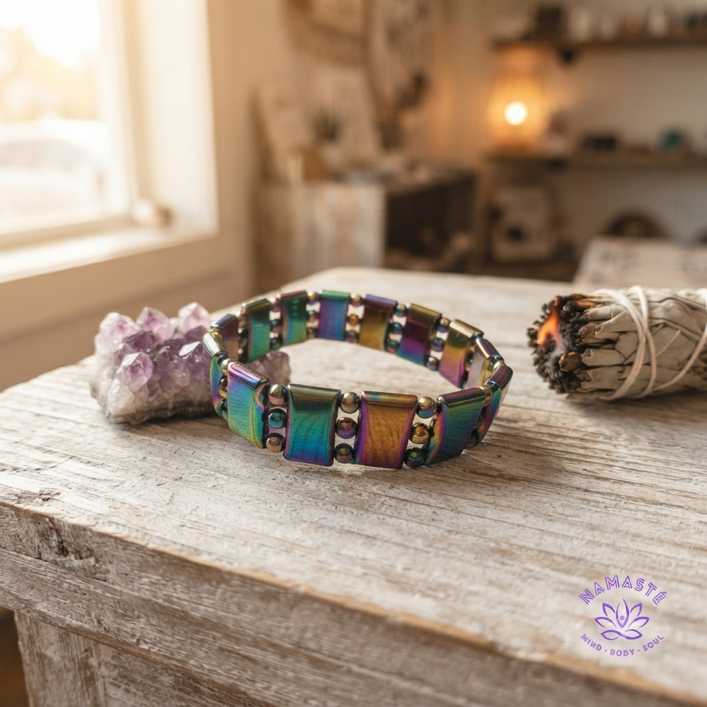 Regenboog hematiet armband in een sfeersetting met amethist en smudge