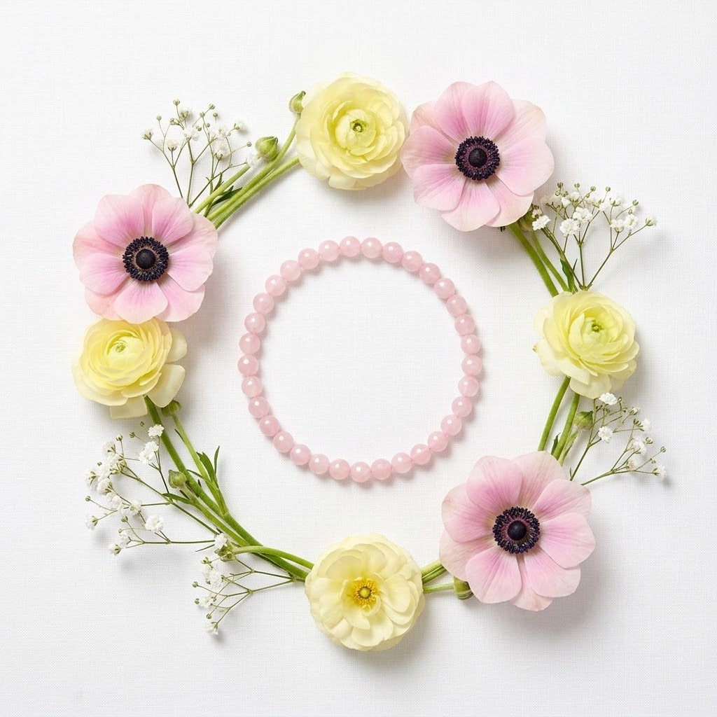 rozenkwarts armbandje op een witte ondergrond omring met bloemen