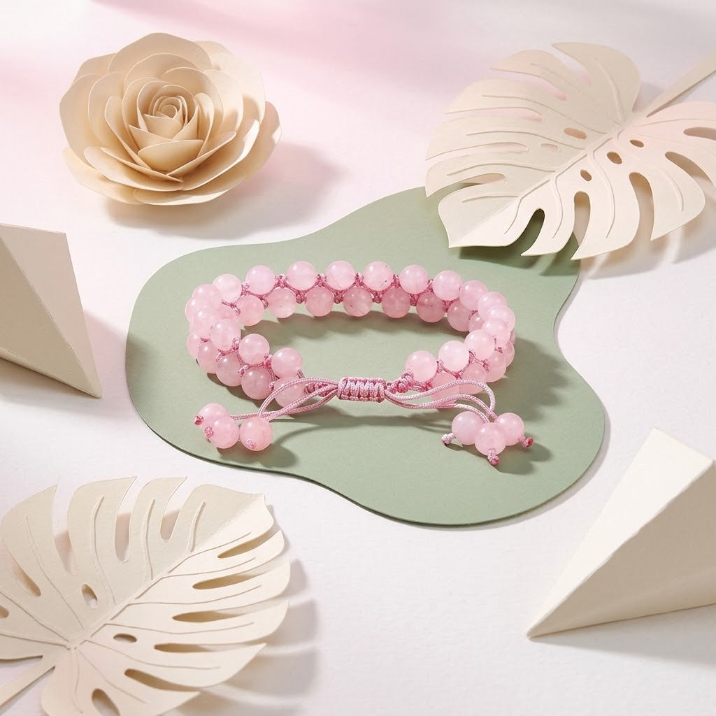 verstelbare rozenkwarts armband op groene ondergrond met beige bloemenknutsels
