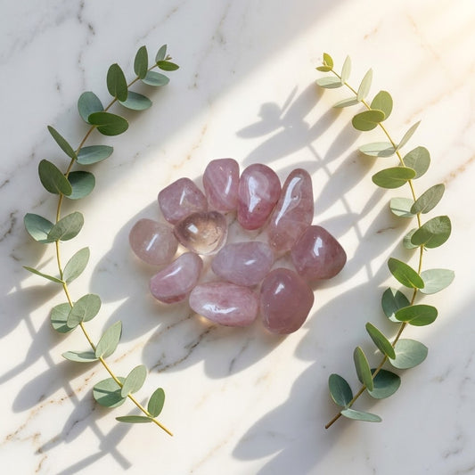 rozenkwarts trommelstenen op een marmeren ondergrond met wat eucalyptus rond
