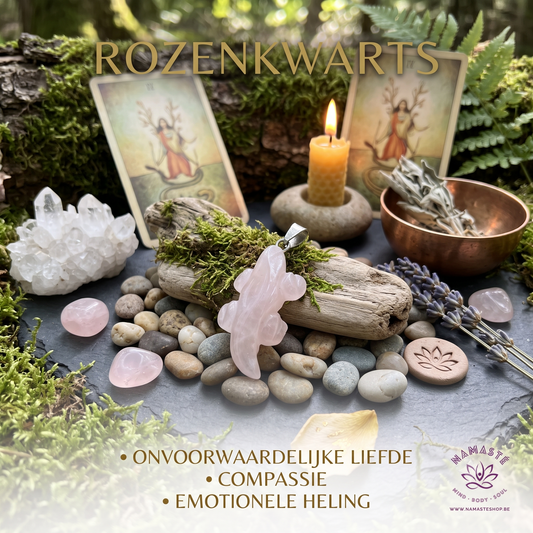 informatieve afbeelding over rozenkwarts met een Rozenkwarts salamander, kaarten, steentjes en smudge