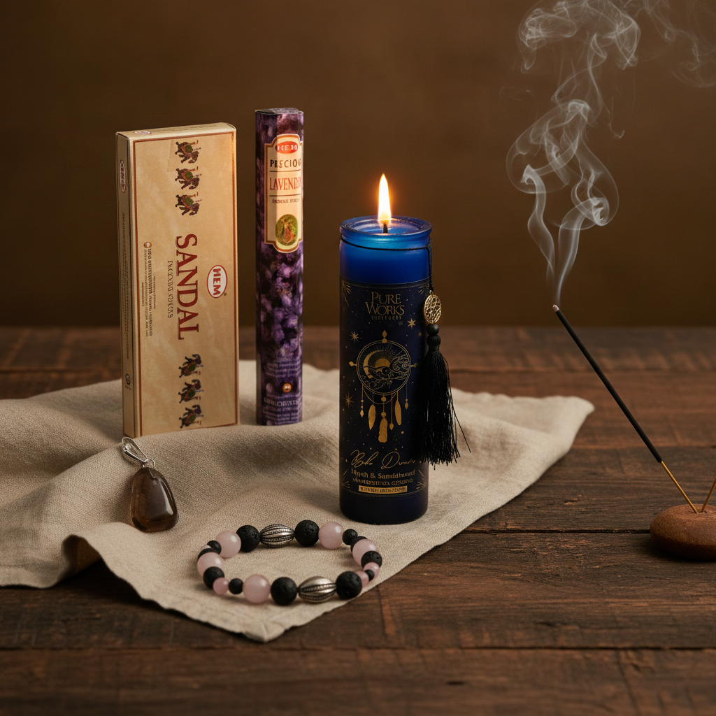 Rust & Gronding bundel met blauwe manifestatiekaars Mirre & Sandelhout, lavasteen armband, rookkwarts hanger en HEM lavendel en sandelhout wierook op houten tafel met warme sfeer.