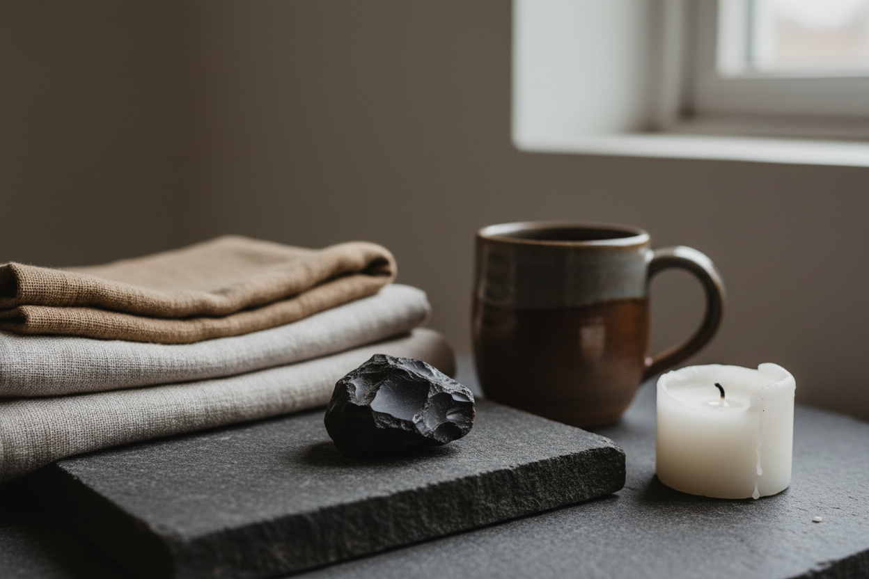 A realistic lifestyle photograph of a quiet ritual moment focused on grounding and inner depth.
Natural, indirect daylight with a subdued, neutral atmosphere, no dramatic lighting.
A small, irregular piece of raw obsidian with a matte, uneven surface, naturally shaped and imperfect, placed casually on a dark wooden or stone surface.
No polished crystals, no shine, no gemstone look.
Simple everyday elements nearby such as folded linen, a ceramic cup or a small candle, minimally styled.
Minimalistic, spiritua