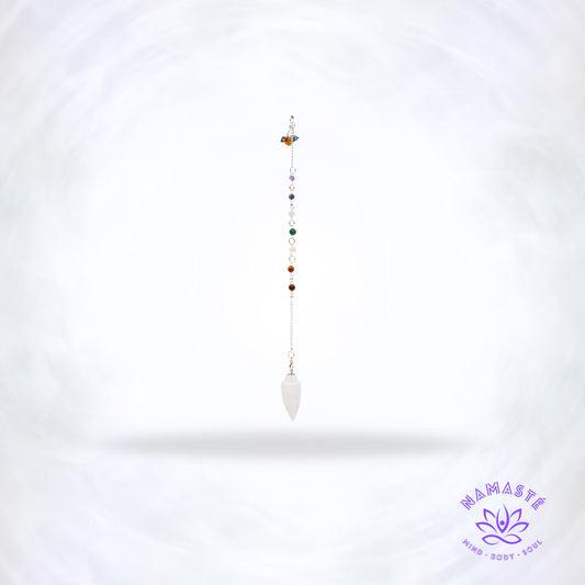 Druppelvormige seleniet pendel met chakra-stenen aan ketting