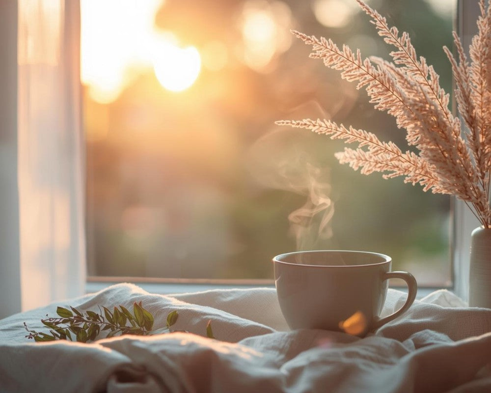 Sfeerbeeld september met een dampend kopje thee en een zachte zonsondergang