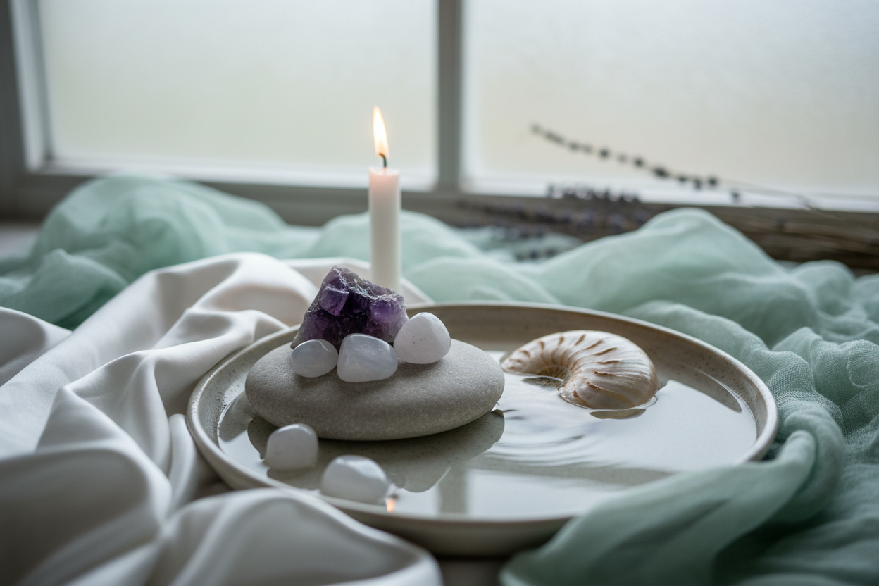 A calm, atmospheric ritual scene inspired by the zodiac sign Pisces.
Soft, diffused natural light with a dreamy and soothing mood.
A crystal associated with Pisces, such as amethyst or moonstone, placed on a light stone or ceramic surface.
Gentle elements like a candle, soft fabric, subtle water reflections or a shell in the background.
Minimalistic, spiritual but grounded, no people visible.
Soft pastel tones with hints of sea green, pearl white and lavender.
High quality, realistic photography style
