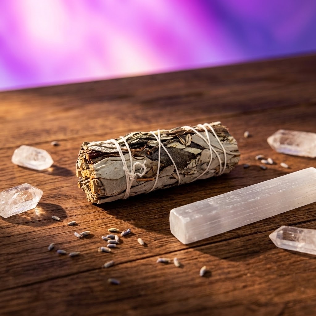 smudgestick op een houten tafel met wat seleniet en bergkristal errond