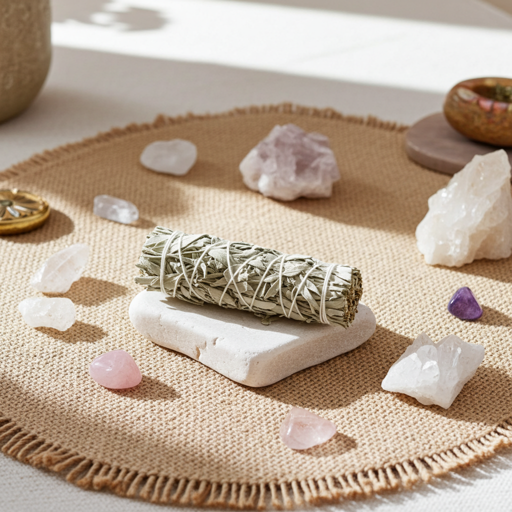 Smudge stick op natuursteen, omringd door rozenkwarts, amethist en bergkristal op een linnen ondergrond in een rustige spirituele setting.