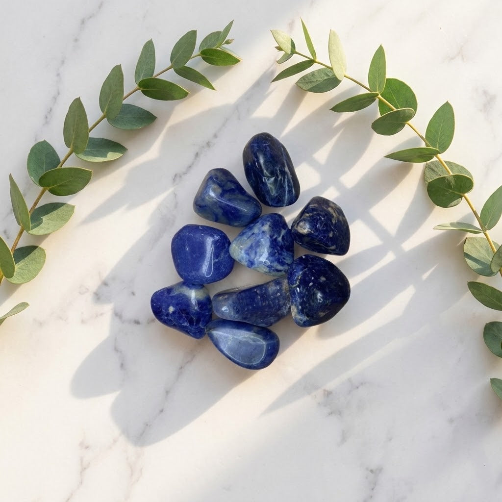 sodaliet trommelstenen op een marmeren ondergrond met wat eucalyptus rond