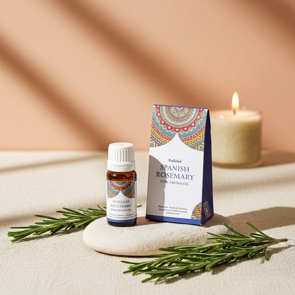 Ontspannen setting met wat rozemarijntakjes, een kaars en een flesje rozemarijn geurolie en de verpakking