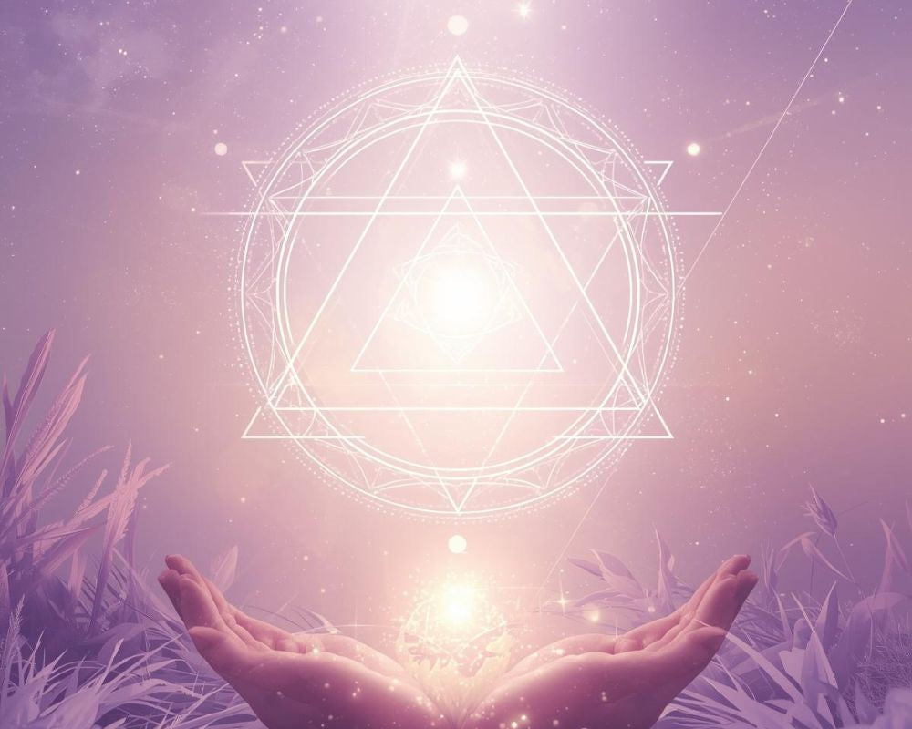 Spirituele illustratie met heilige geometrie en open handen in zachte paarse tinten, symbool voor verbinding, bewustzijn en innerlijke groei