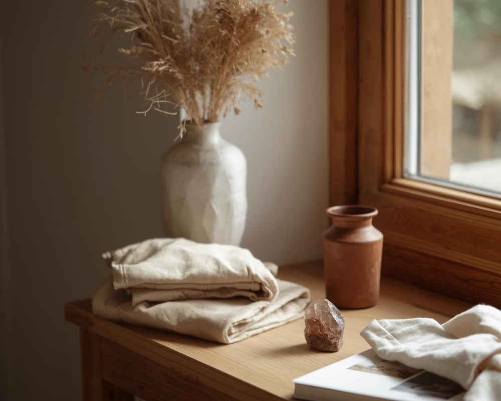 Realistic lifestyle photograph of a calm, grounded home interior in soft natural daylight.
A warm, lived-in setting with natural materials like wood, linen and stone.
A small raw smoky quartz stone placed subtly on a table or windowsill, not centered, part of the scene.
Everyday elements like a ceramic cup, a book or folded fabric nearby.
Quiet, stable atmosphere, refined but human.
No symbols, no mysticism, no people.
