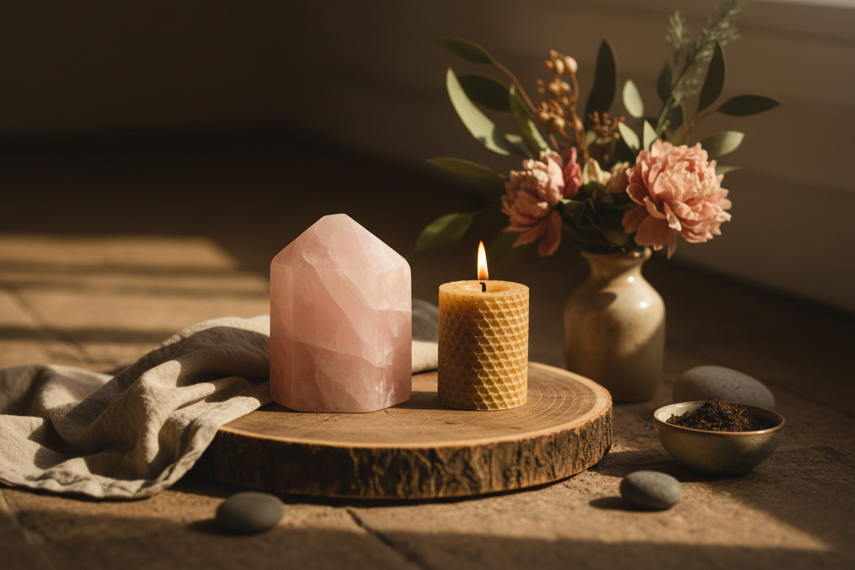 A calm, grounding ritual scene inspired by the zodiac sign Taurus.
Soft, warm natural light with a sense of stability and comfort.
A crystal associated with Taurus, such as rose quartz or green aventurine, placed on a natural wooden or stone surface.
Gentle earthy elements like a candle, linen fabric or dried flowers in the background.
Minimalistic, spiritual but grounded, no people visible.
Warm earthy tones with hints of soft green, blush pink and beige.
High quality, realistic photography style