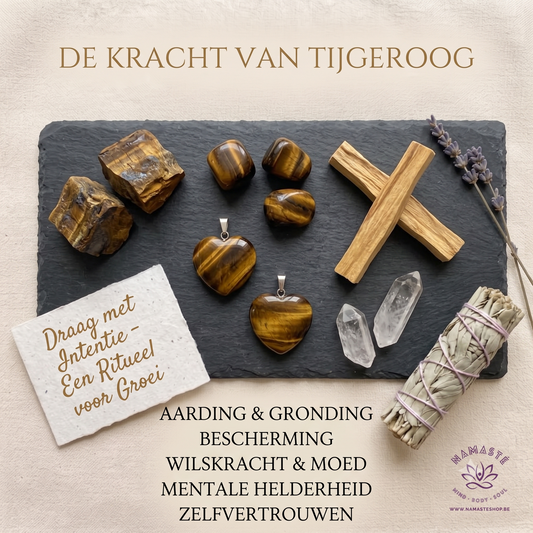 informatieve afbeelding over tijgeroog met Tijgeroog hart hangers en spirituele attributen