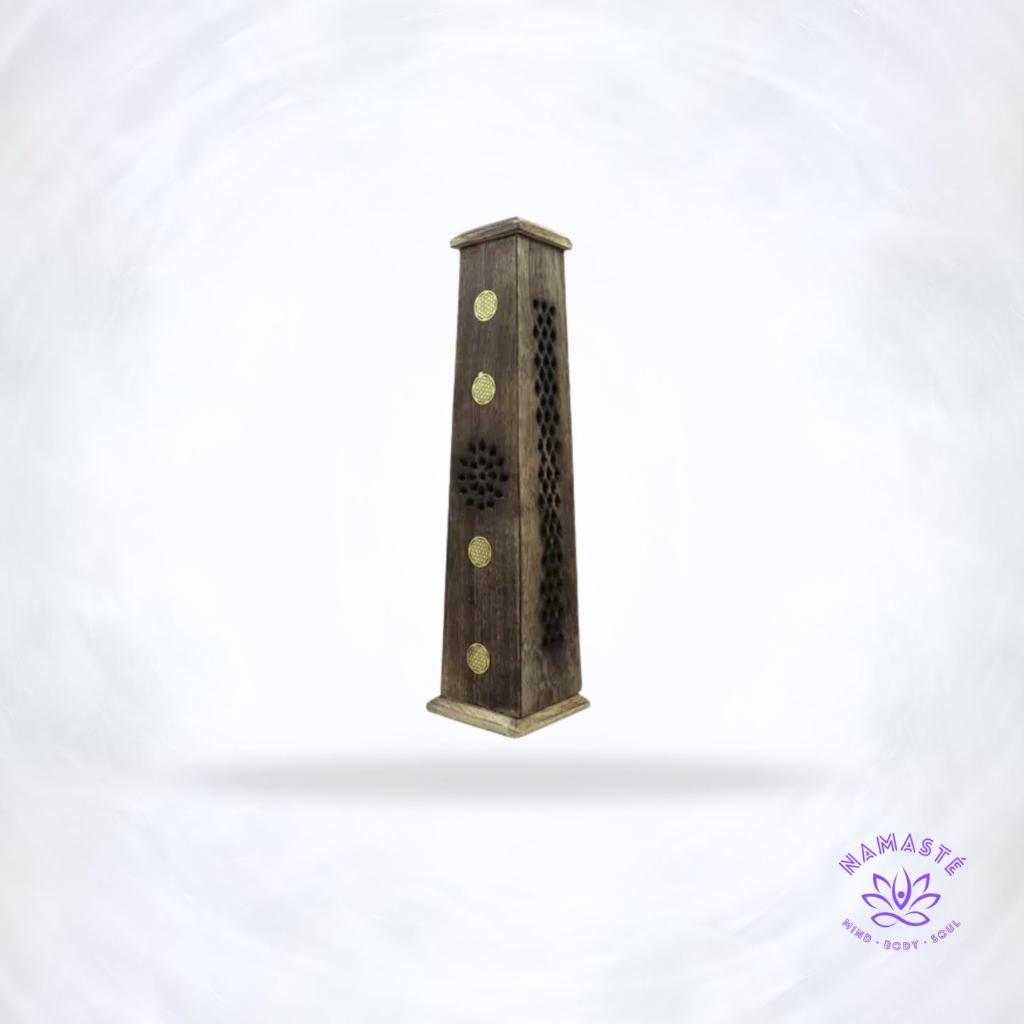 Wierookbrander Toren – Levensbloem van Green Tree – houten brander met messing details, symbool van harmonie, creatiekracht en spirituele bescherming.