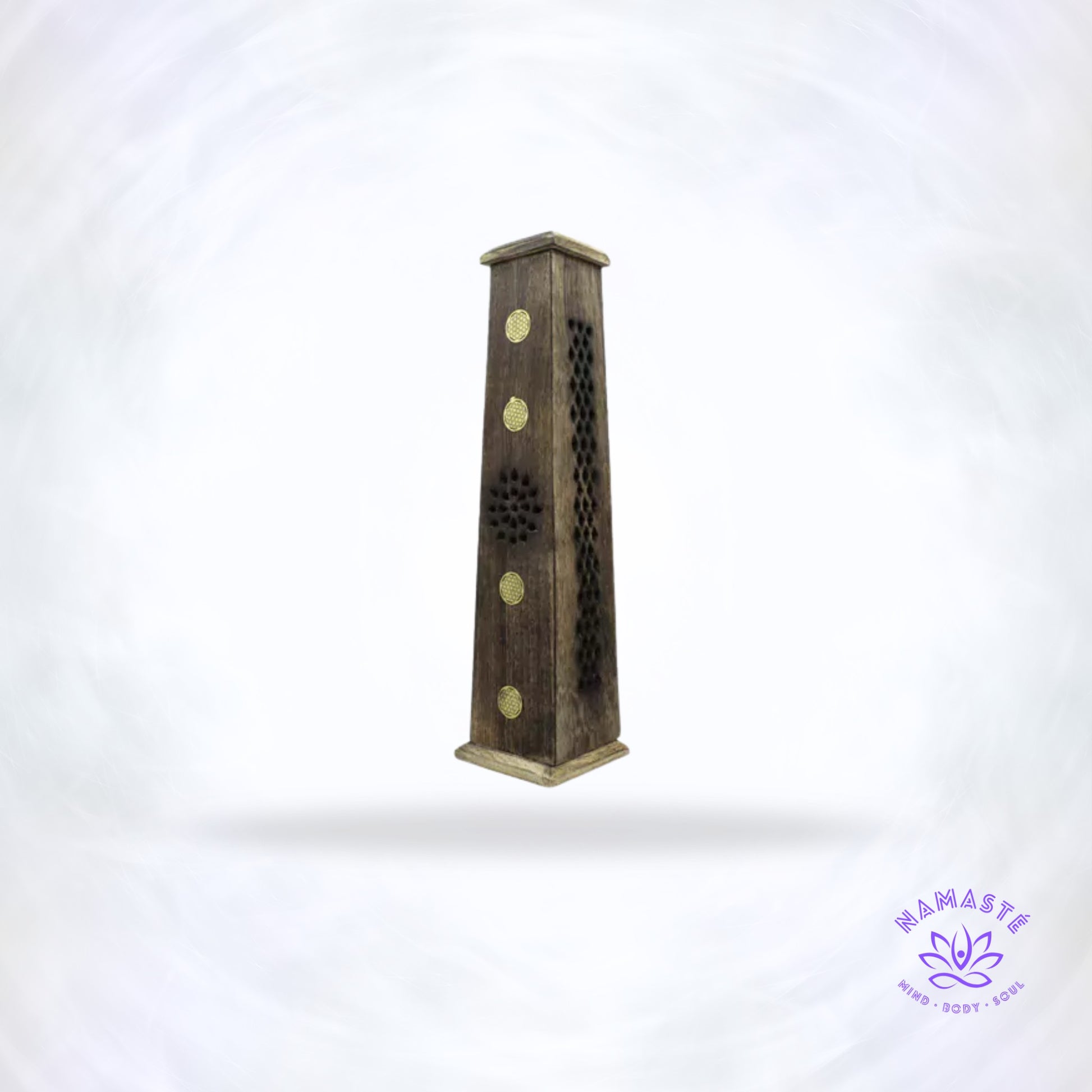 Wierookbrander Toren – Levensbloem van Green Tree – houten brander met messing details, symbool van harmonie, creatiekracht en spirituele bescherming.