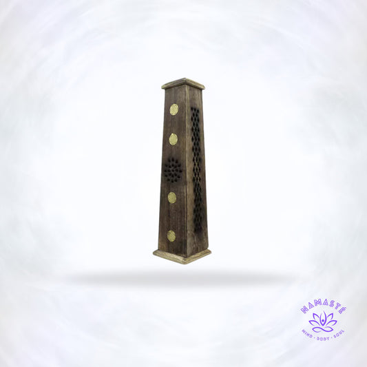 Wierookbrander Toren – Levensbloem van Green Tree – houten brander met messing details, symbool van harmonie, creatiekracht en spirituele bescherming.