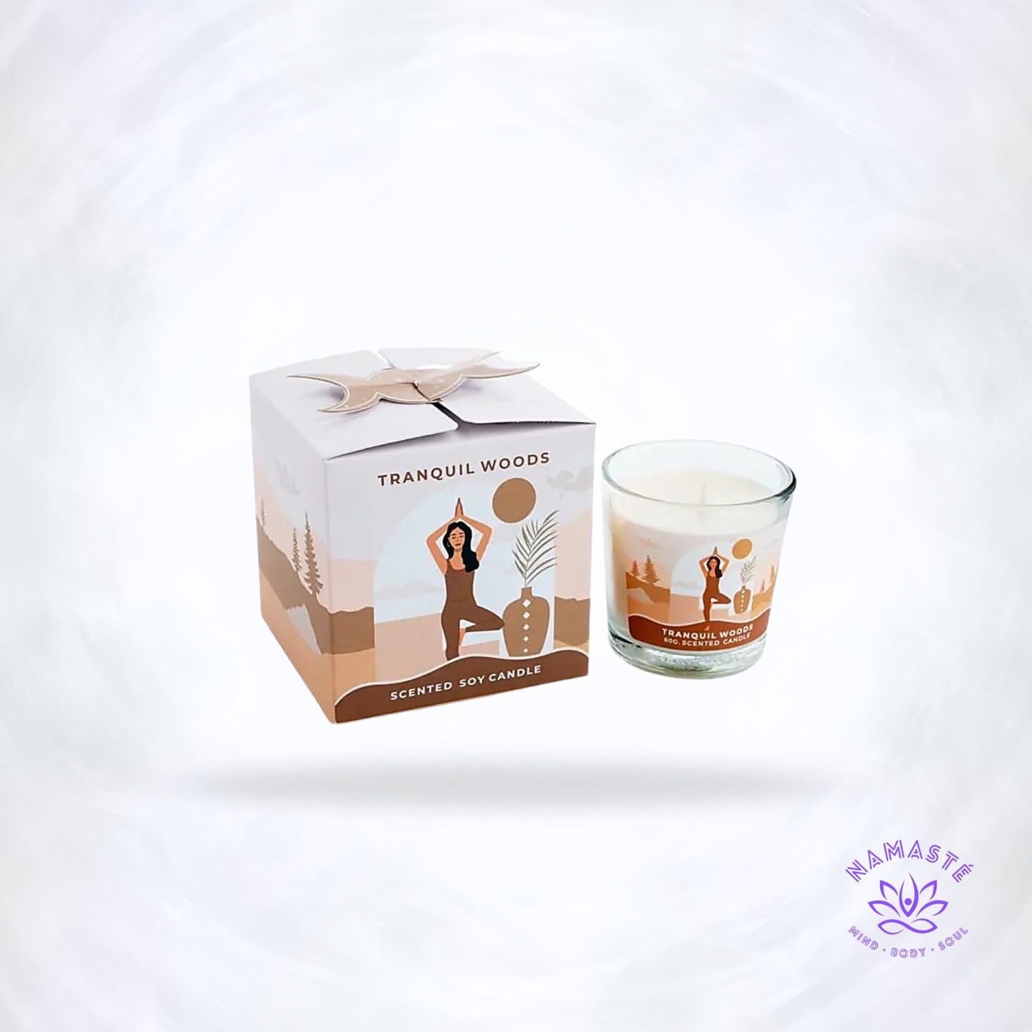 Geurkaars Tranquil Woods in glas met de verpakking