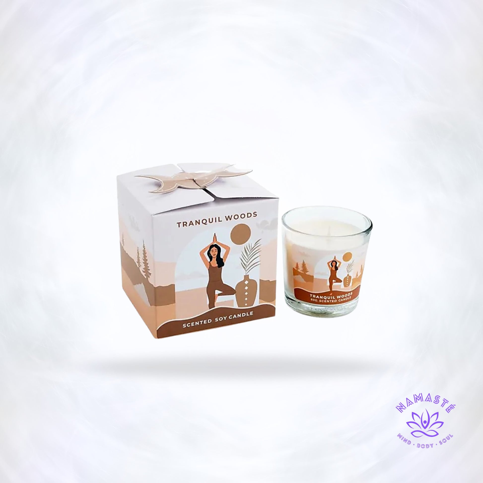 Geurkaars Tranquil Woods in glas met de verpakking