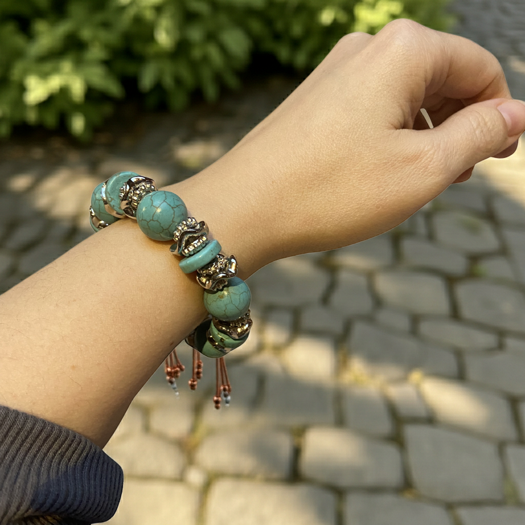 Turkoois-Look Armband met Zilveren Accent – Elastisch (Einde Reeks)