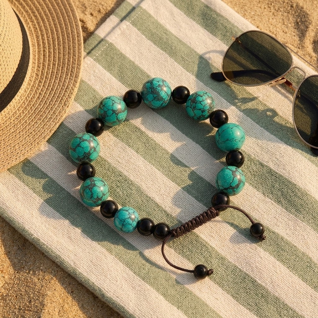 turkoois-agaat armband op een handdoek op het strand met zonnebril en zonnehoed