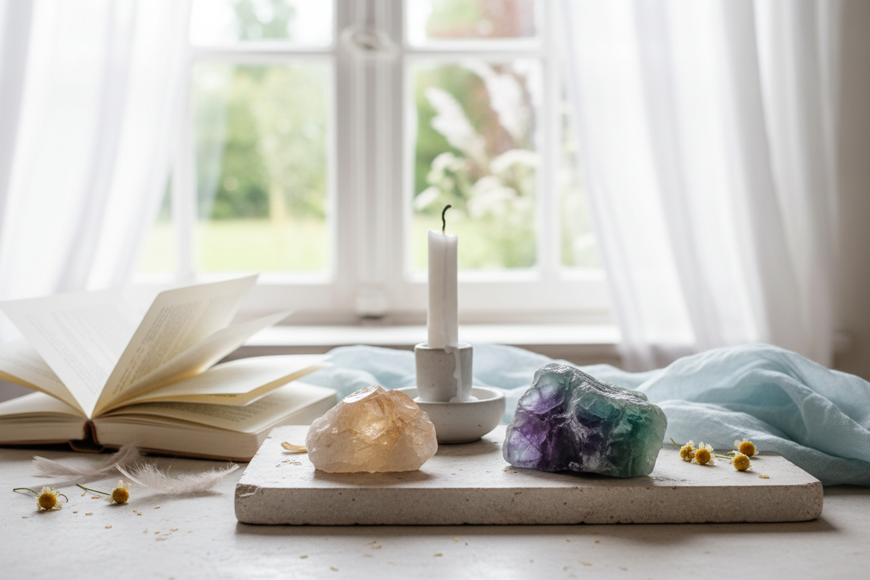 A light, airy ritual scene inspired by the zodiac sign Gemini.
Soft natural daylight with a fresh and clear atmosphere.
A crystal associated with Gemini, such as fluorite or citrine, placed on a light stone or wooden surface.
Subtle elements like a candle, a notebook or gentle fabric in the background, suggesting movement and curiosity.
Minimalistic, spiritual but grounded, no people visible.
Light, fresh tones with hints of soft yellow, pale green and airy neutrals.
High quality, realistic photography