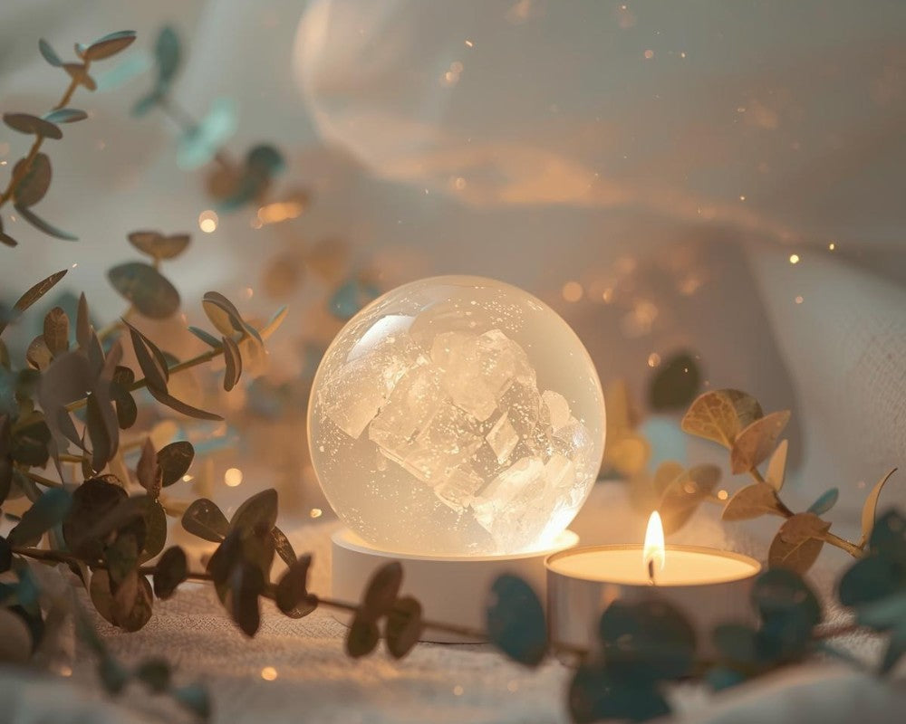 Een verlichte kristalbol met een theelichtje en eucalyptus takjes