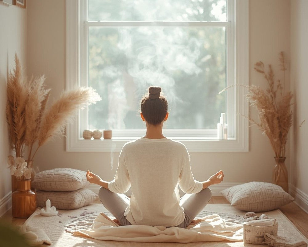 Vrouw voor een raam met de rug naar je toe in een lotushouding aan het mediteren
