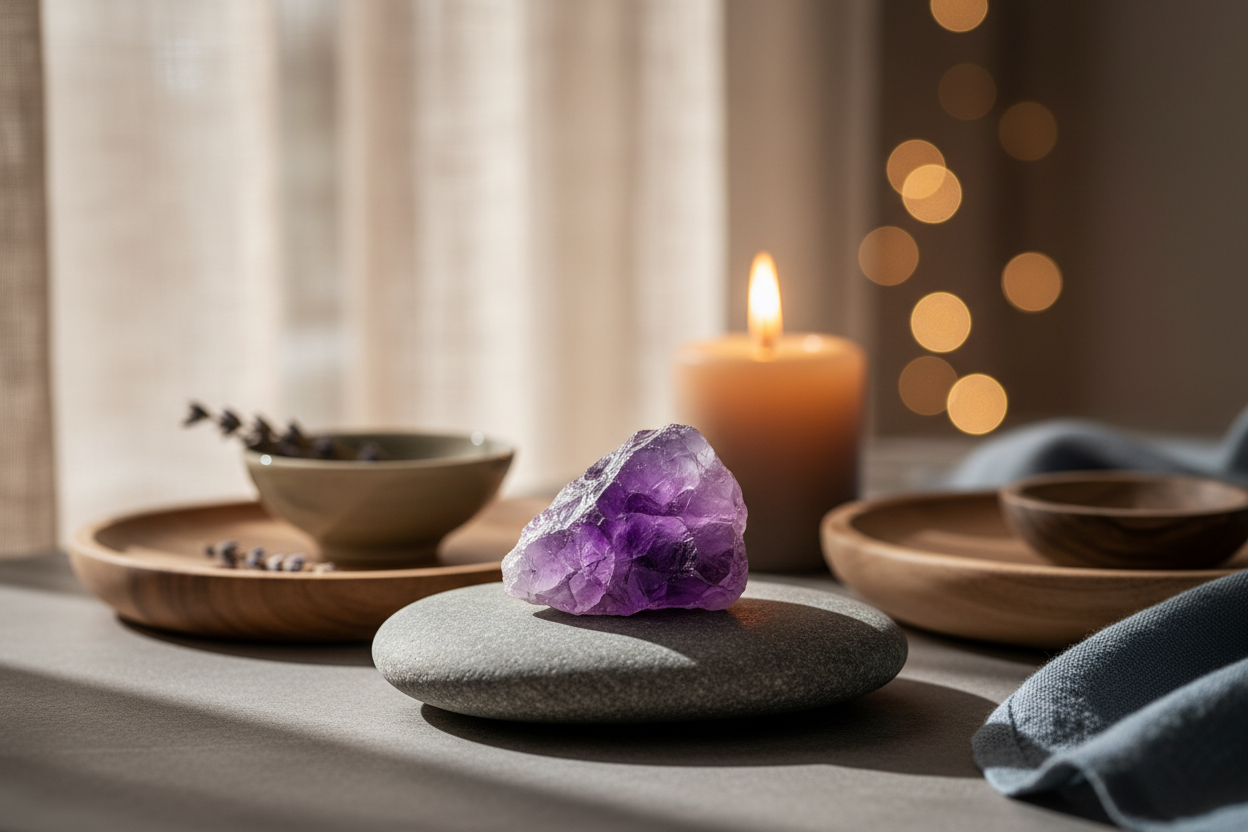 A calm, atmospheric ritual scene inspired by the zodiac sign Aquarius.
Soft natural light, warm and serene mood.
A raw piece of amethyst crystal placed on a stone surface.
Candle in the background.
Minimalistic, spiritual but grounded, no people visible.
Soft purple and muted blue tones.
High quality, realistic, gentle depth of field, tranquil atmosphere.