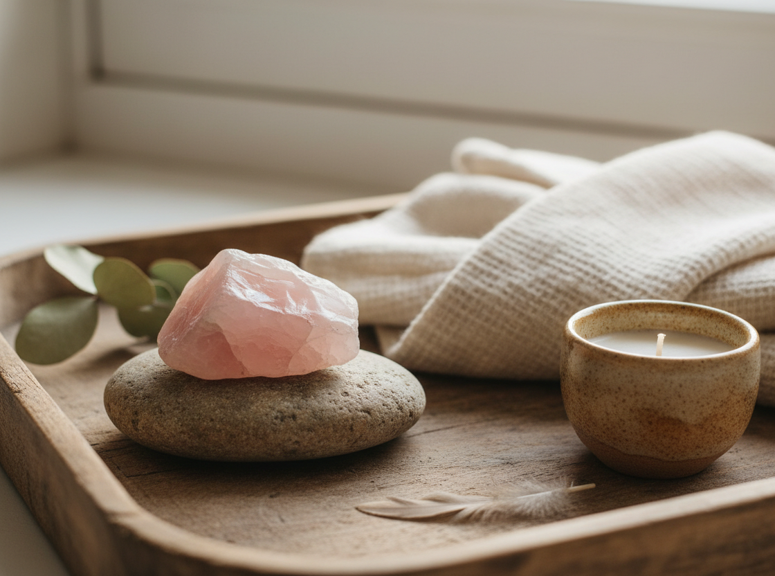 A realistic lifestyle photograph of a calm ritual moment inspired by balance and harmony.
Natural daylight, soft and even, no dramatic lighting.
A small, imperfect piece of rose quartz or green aventurine lying naturally on a wooden or stone surface, slightly unpolished.
Simple, everyday elements nearby such as folded linen, a ceramic cup or a small candle.
Neutral, warm tones, minimal styling, nothing staged or decorative.
No people, no animals, no zodiac symbols.
High realism, natural textures