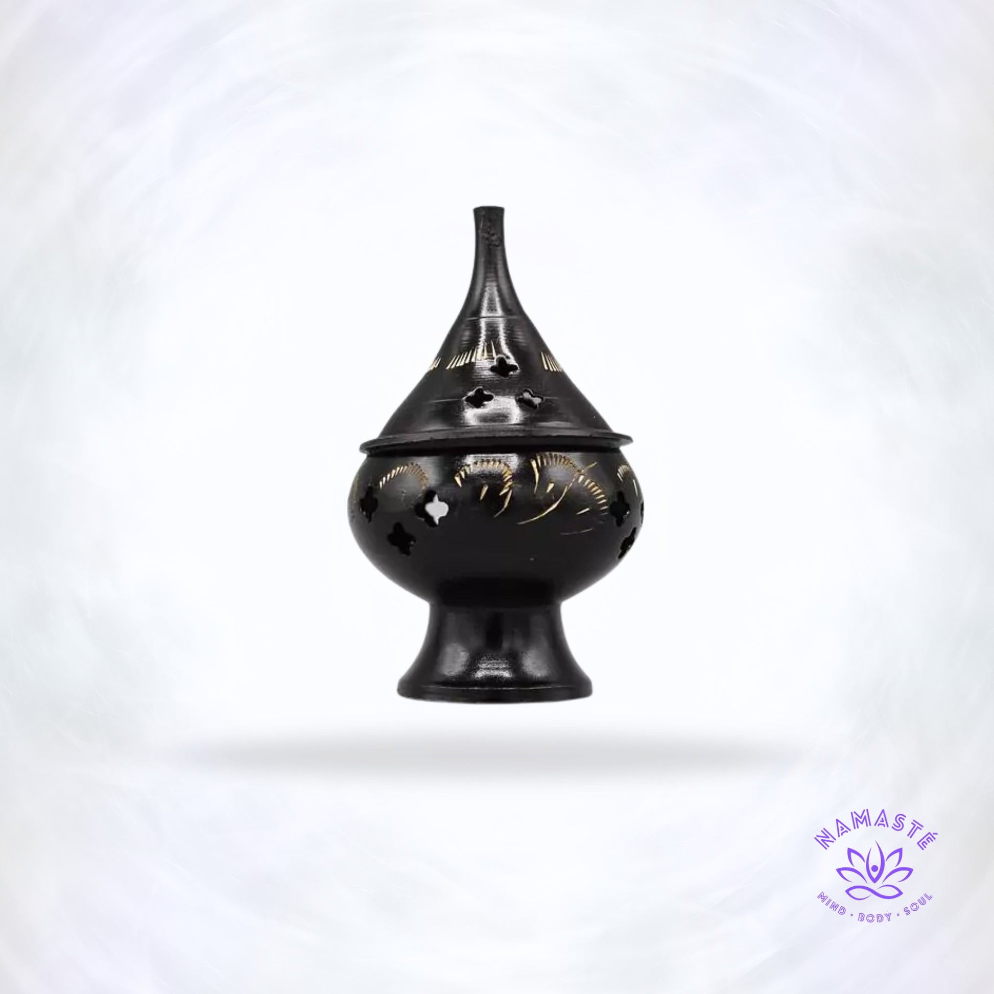Zwarte druppelvormige kegelwierookbrander – metalen brander die zuivering, emotionele rust en energetische balans uitstraalt.