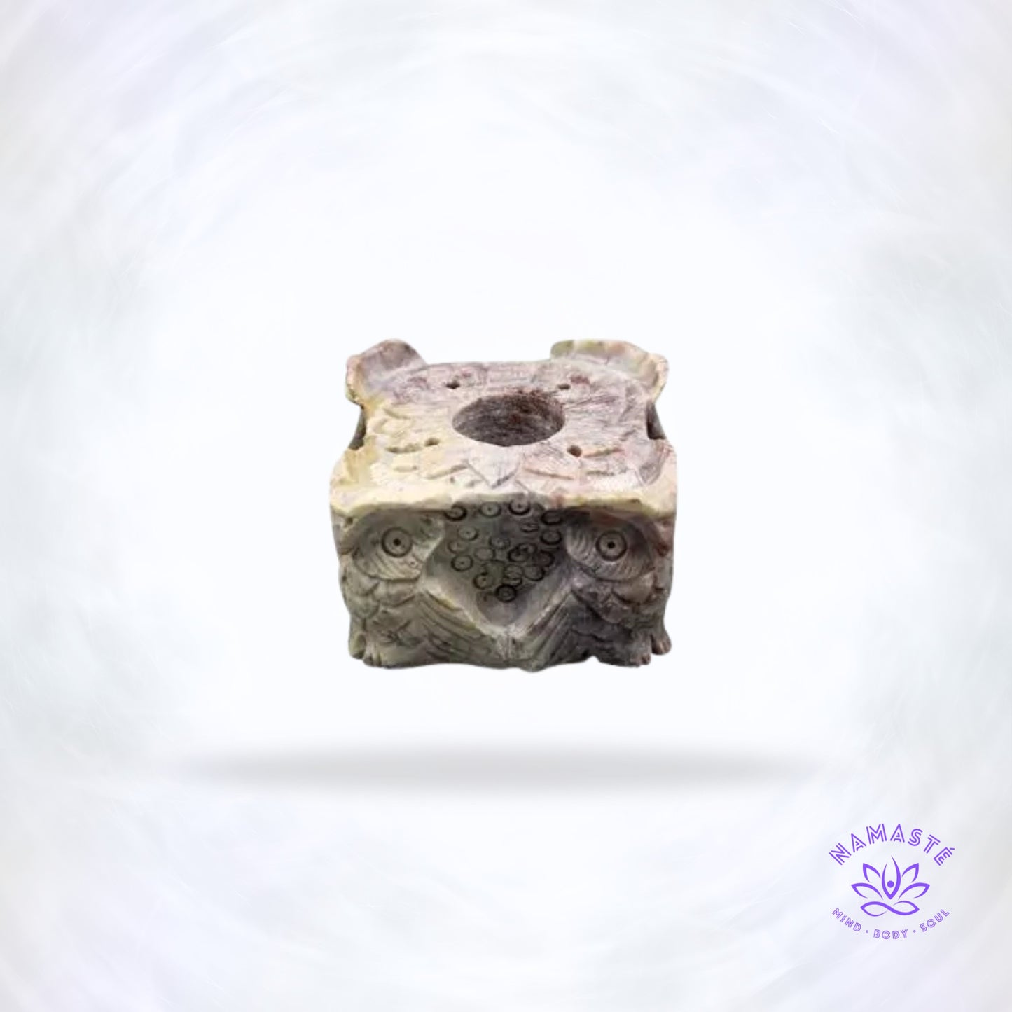 Zeepsteen uil wierookbrander – handgemaakte brander voor kegels en stokjes, met uilensymbool voor wijsheid, intuïtie en spirituele bescherming.