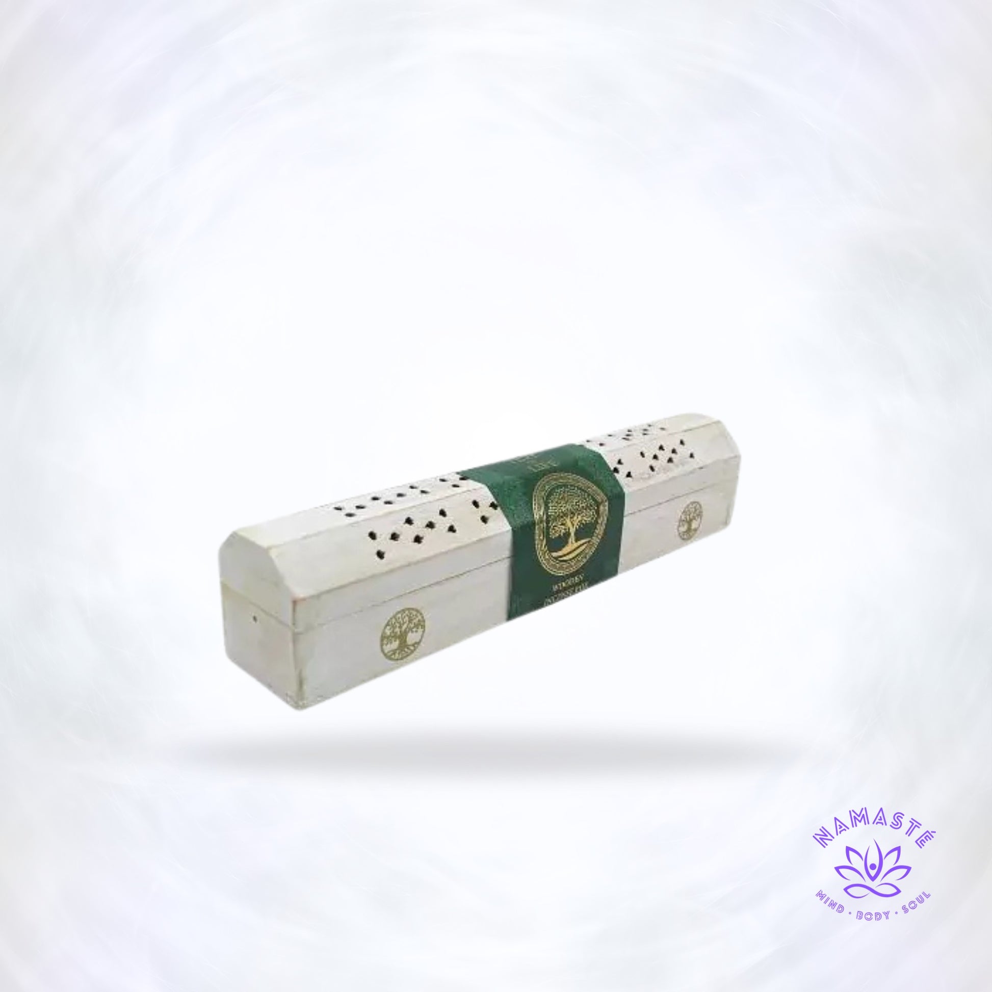 Witte houten wierookdoos Tree of Life van Green Tree – symbool van groei, balans en verbondenheid, met serene afwerking voor zuivere energie.