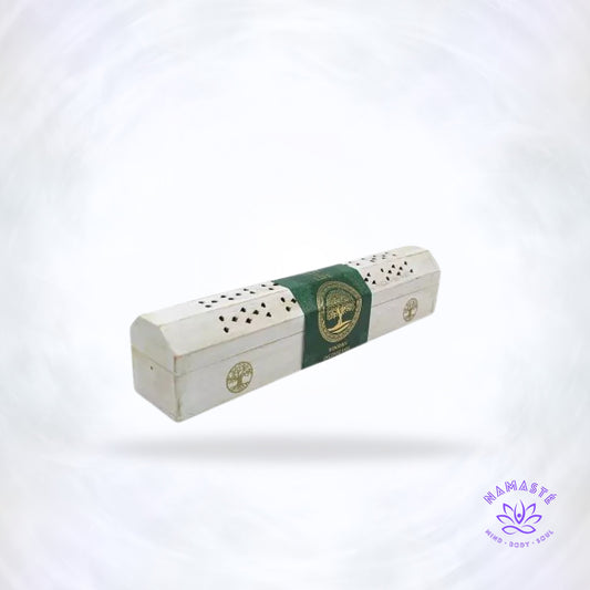 Witte houten wierookdoos Tree of Life van Green Tree – symbool van groei, balans en verbondenheid, met serene afwerking voor zuivere energie.