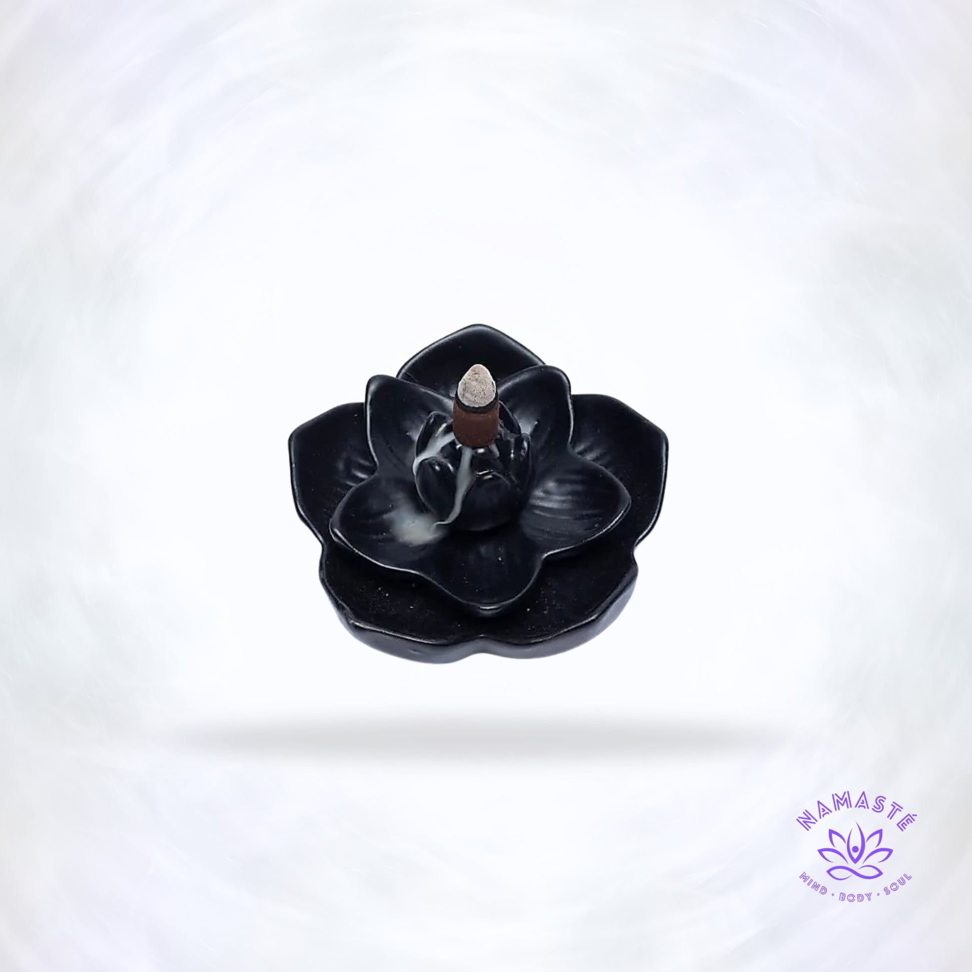 Wierookbrander Backflow in zwarte keramiek, vorm van een lotusbloem