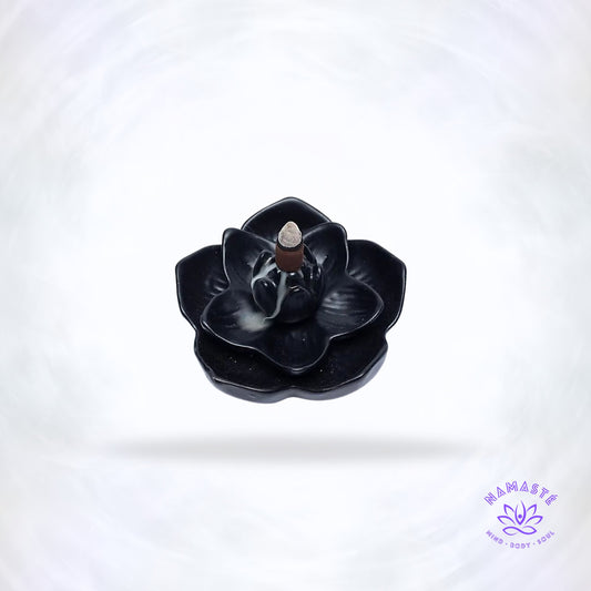 Wierookbrander Backflow in zwarte keramiek, vorm van een lotusbloem