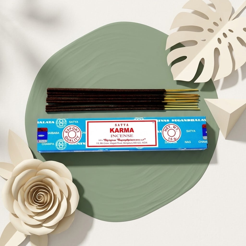 doosje karma wierookstokjes met losse stokjes en beige knutselbloemen