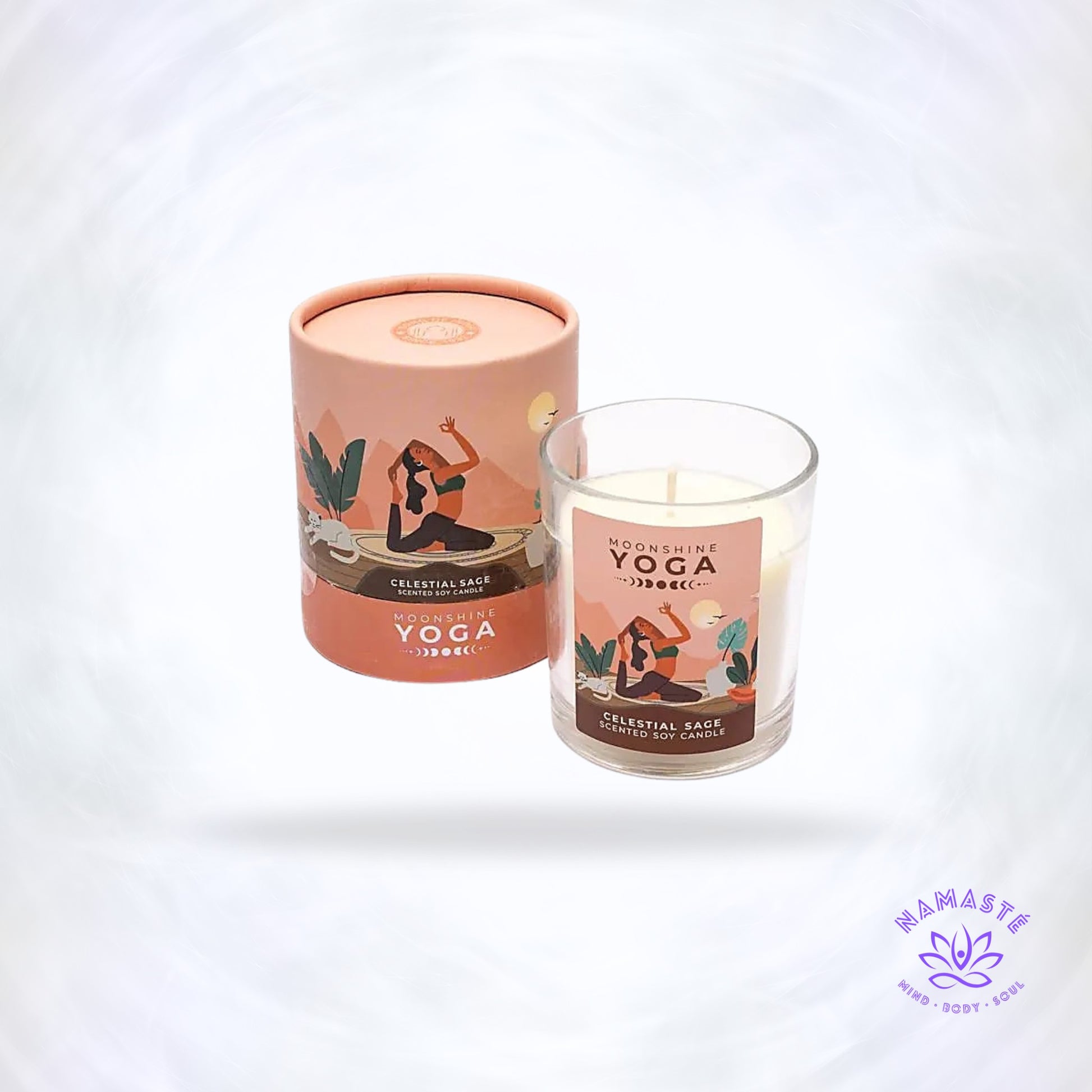 Moonshine Yoga Geurkaars Celestial Sage – handgemaakte sojawaskaars met natuurlijke saliegeur voor zuivering, rust en innerlijke balans.