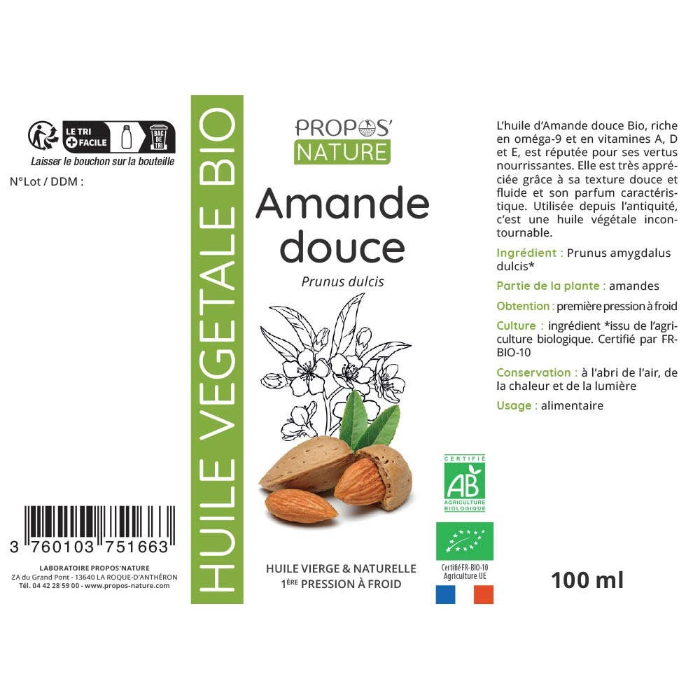 Zoete amandelolie propos'nature fleslabel