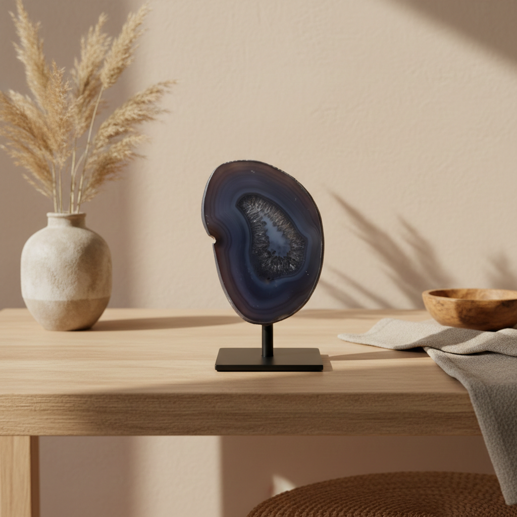 agaat op een metalen standaard op een outen tafel met een vaas op de achtergrond