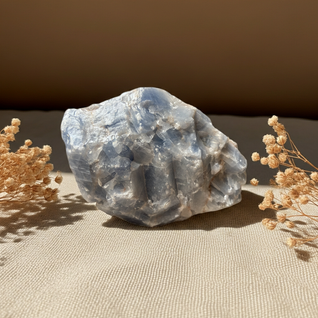 blauwe calciet op een doek met gedroogde bloemen