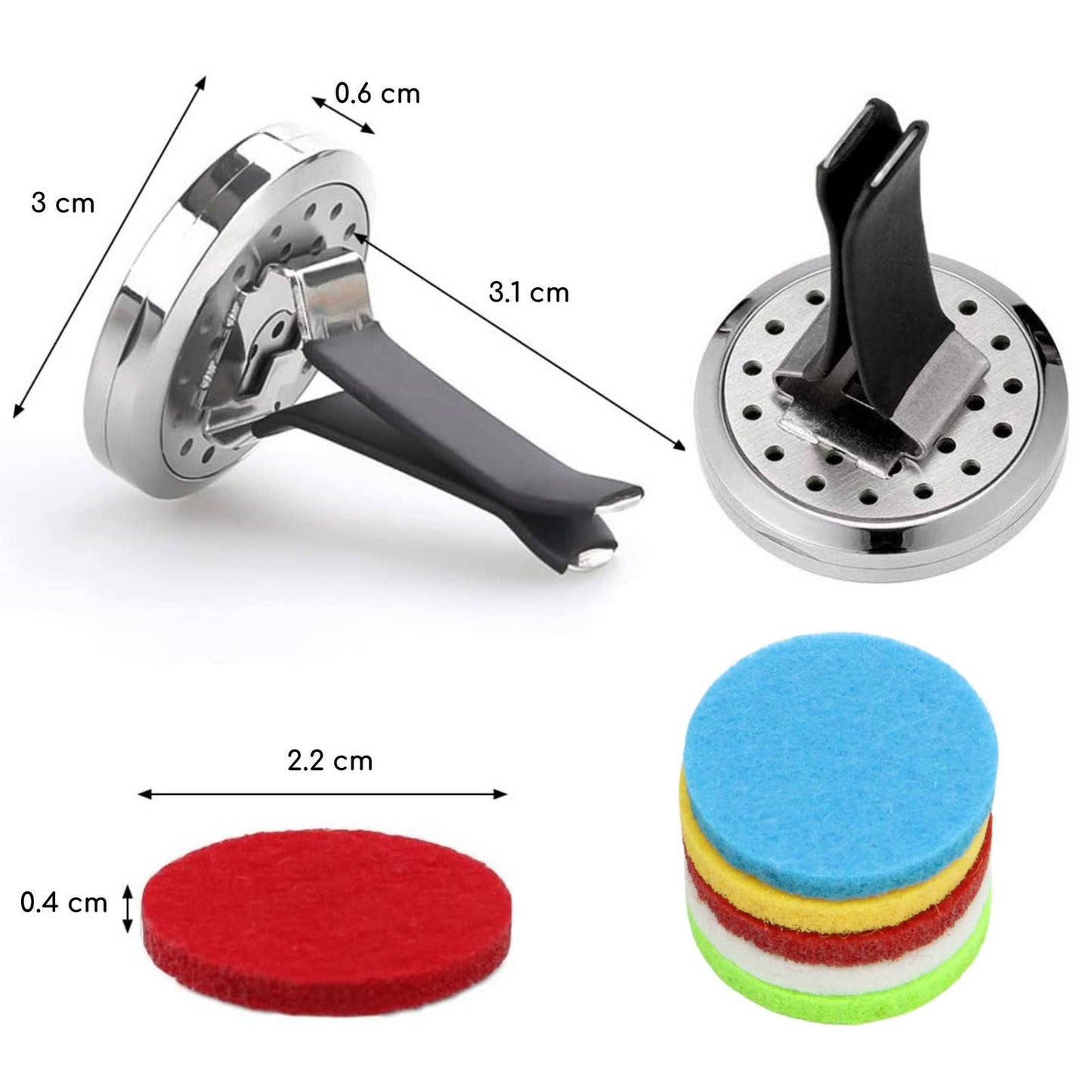 afbeelding met de afmetingen van de clip on diffuser en de viltjes