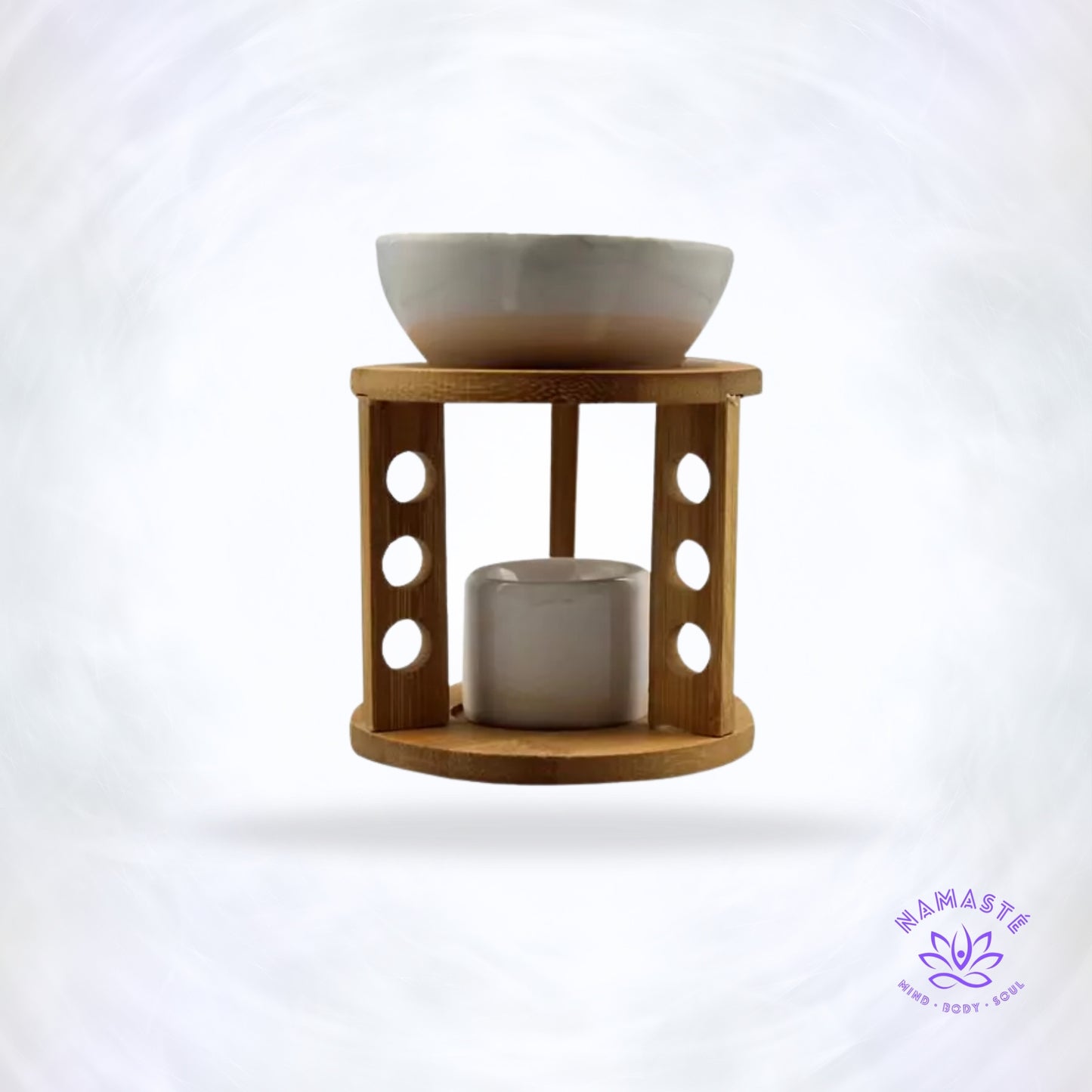 Moderne aroma oliebrander van hout met wit keramisch schaaltje – 11 × 14 cm.