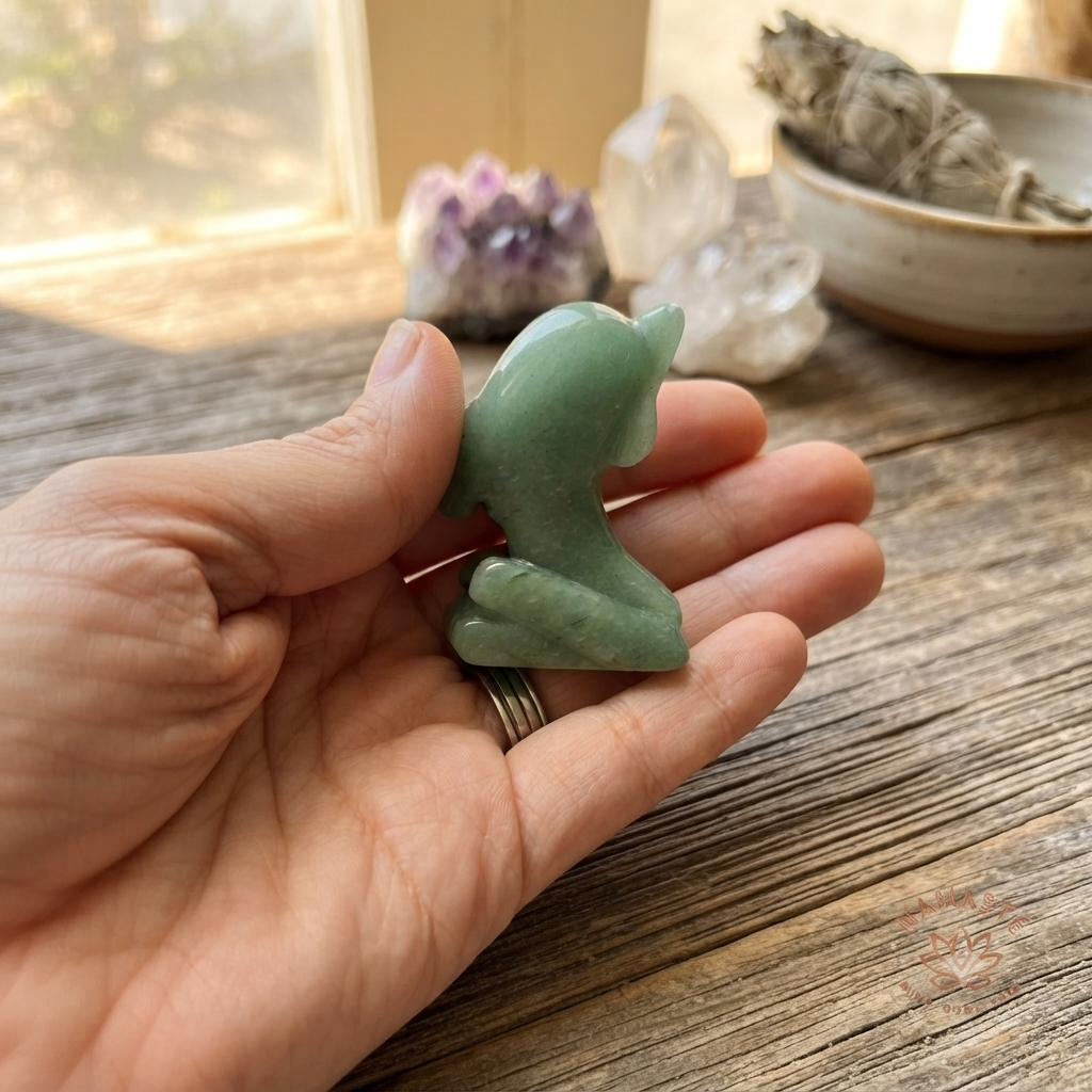 dolfijnen groene aventurijn in de hand in een spirituele setting